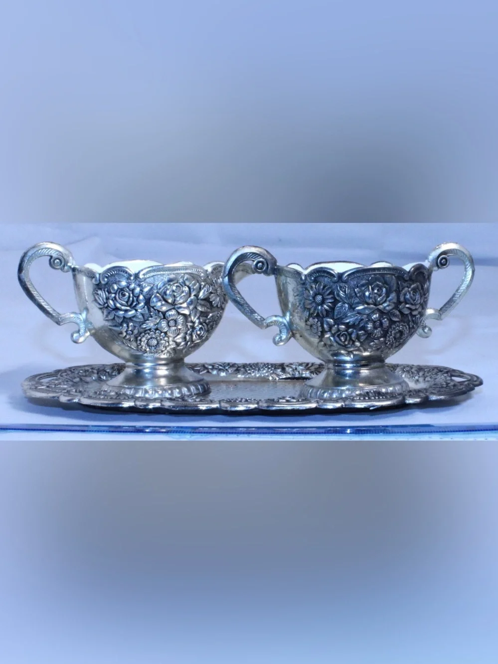 Vintage MCM 3-piece Art Nouveau Silver-Plated cream and sugar Serving tray Set